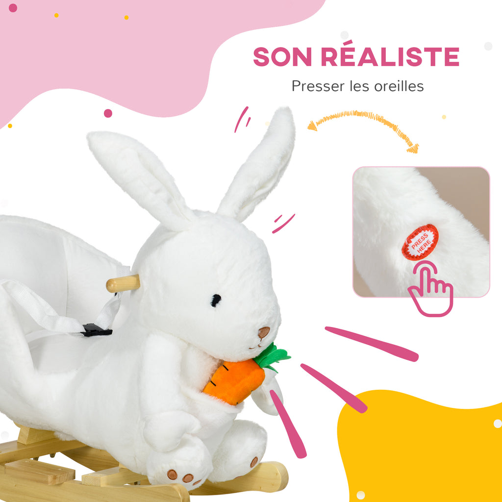 Jouet à bascule modèle lapin fonction musicale selle grand confort peluche courte douce bois peuplier 18-36 mois blanc-3