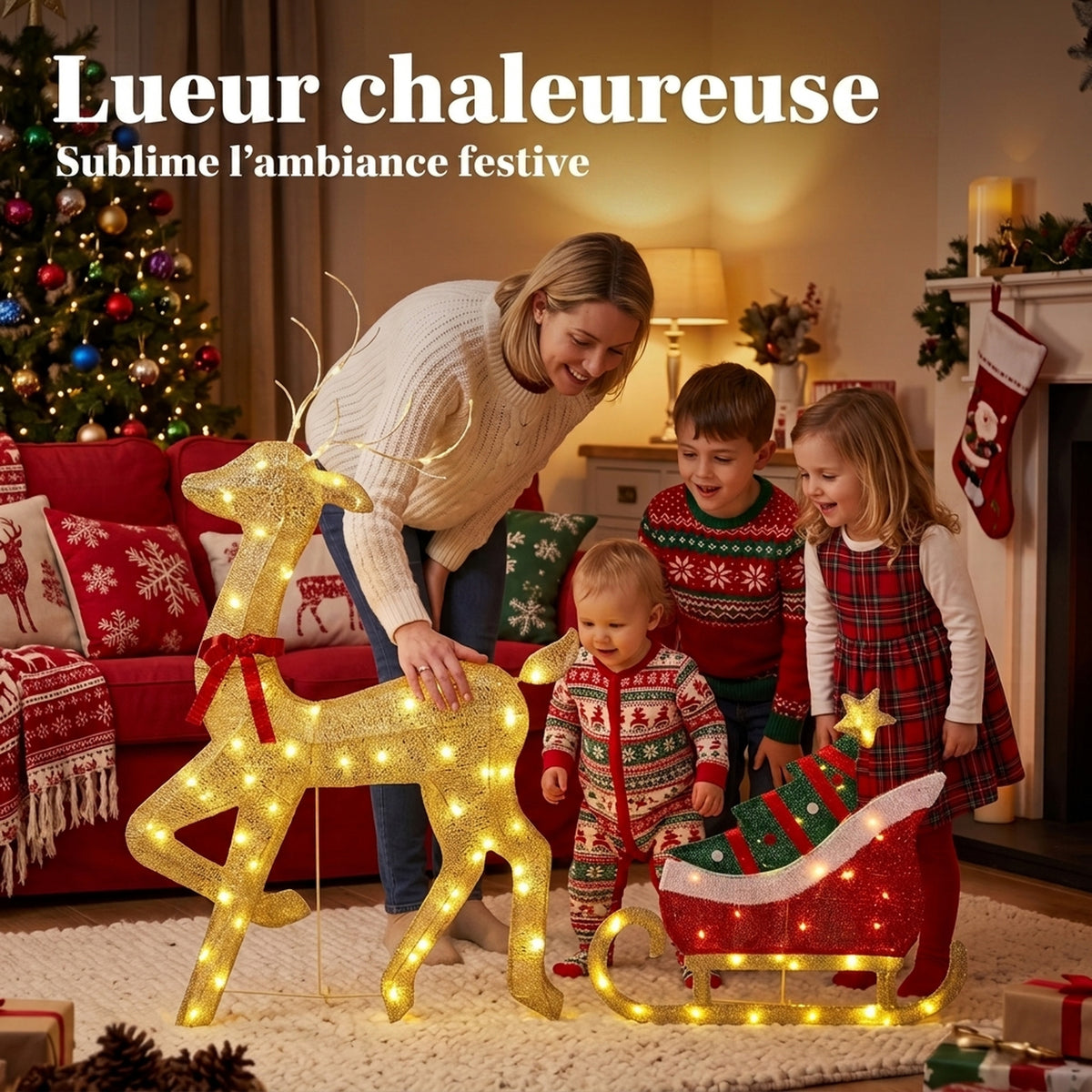 Renne et traîneau lumineux, décoration de Noël extérieure, 95 LED blanc chaud, 8 modes, minuterie quotidienne-3