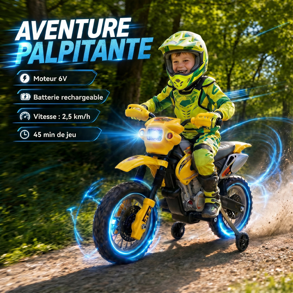 Moto électrique enfants, moto cross pour enfants avec batterie 6 V, phares, musiques et roues d'entraînement, 3 à 6 ans, charge 25KG, jaune et noir-3
