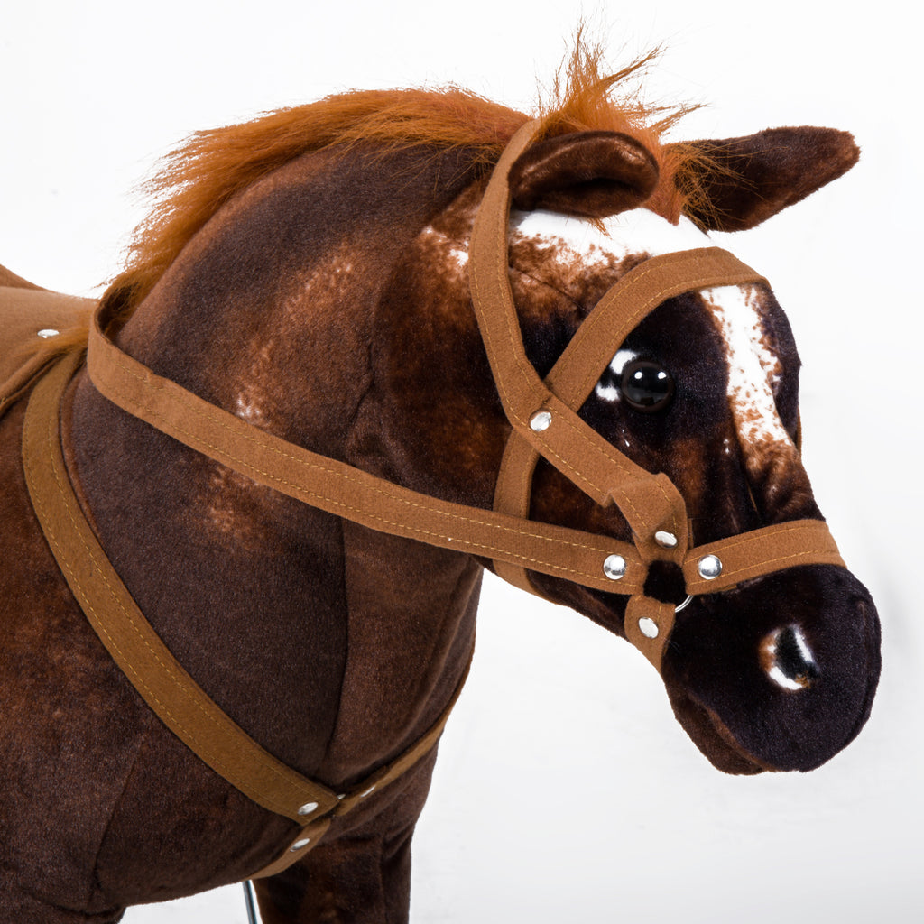Cheval Debout en Peluche Effets sonores hennissement et Galop Selle étrier rênes 85L x 28l x 60H Marron Blanc-7