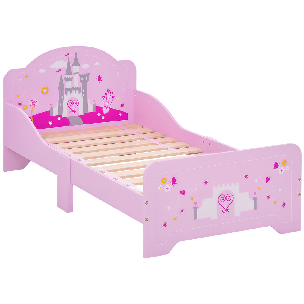 Lit Enfant 140 x 70 cm - lit d'enfant Design Princesse Motif château - sommier à Lattes Inclus - MDF Contre-plaqué Rose-0