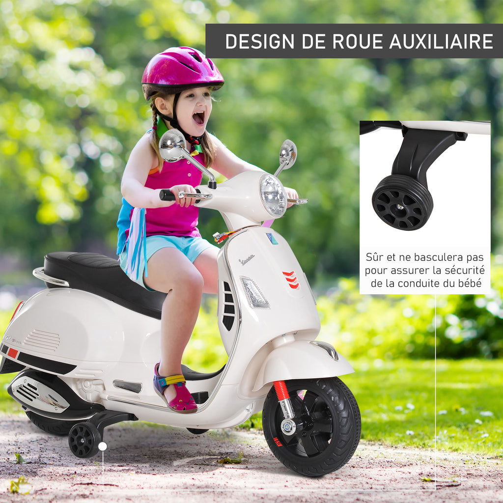 Vespa Scooter Moto électrique Enfants 6 V dim. 102L x 51l x 76H cm Musique MP3 Port USB klaxon Phare feu AR Blanc-4