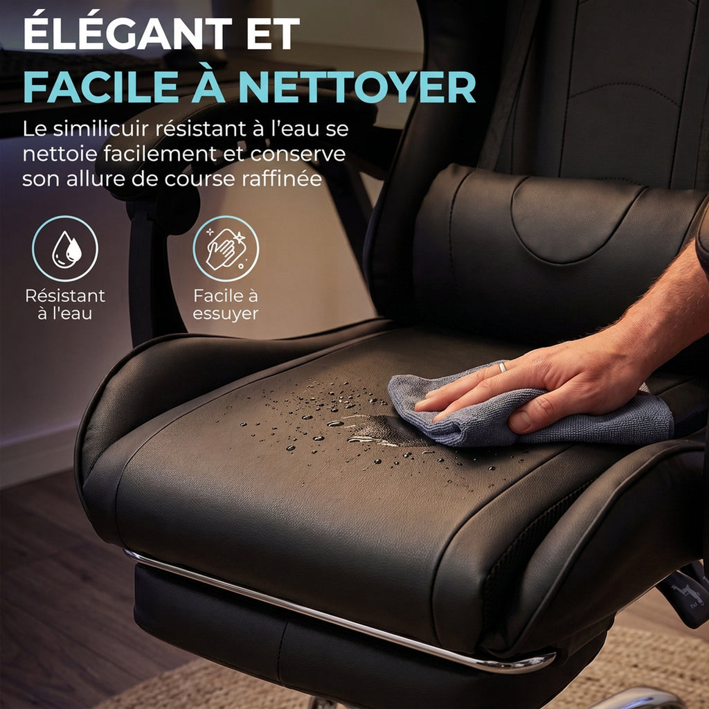 Chaise Gaming Ergonomique avec Coussin Lombaire Massant, Fauteuil Gaming Inclinable en Cuir Synthétique, Noir-6