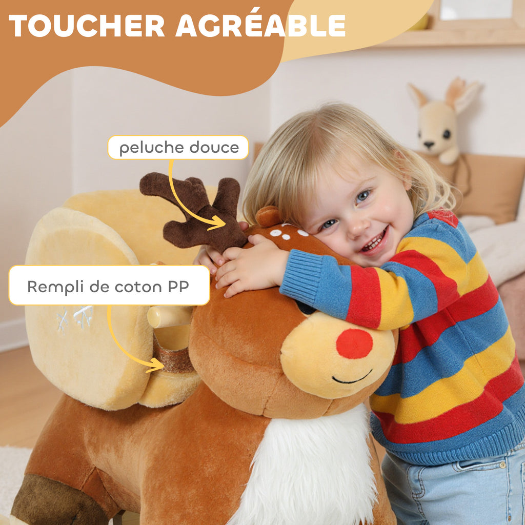 Cheval à bascule pour enfants, renne jouet à bascule bébé avec berceuses, ceinture de sécurité, 65 x 32 x 55 cm, marron-4