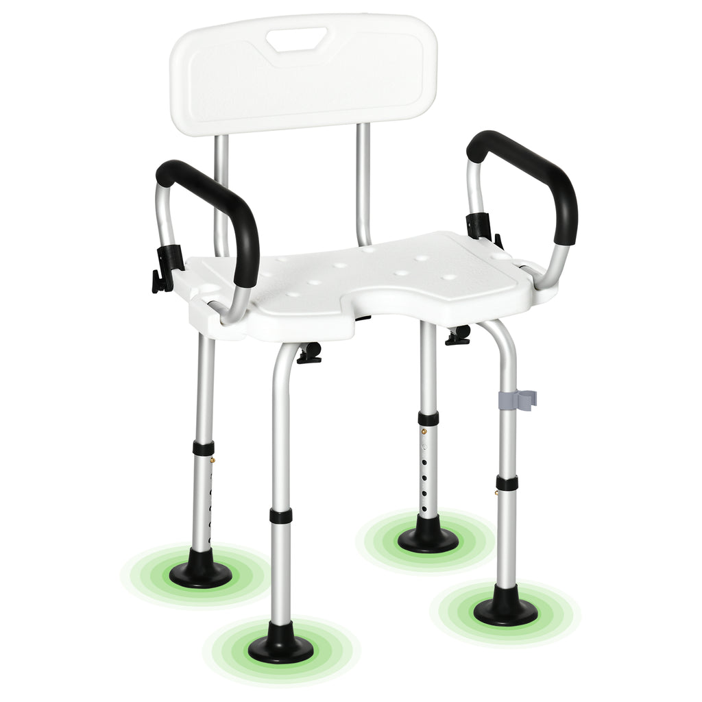 Chaise de douche, tabouret de douche réglable en hauteur avec dossier et accoudoirs rabattables, assise U, pieds antidérapants à ventouses, pour personnes âgées et handicapées, alu HDPE, blanc-0