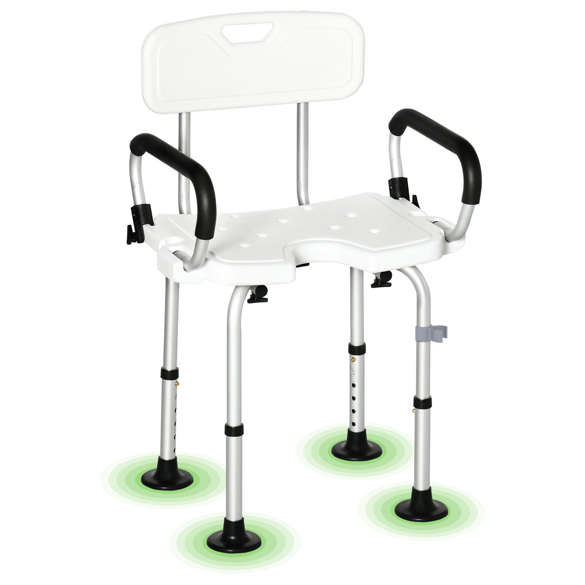 Chaise de douche, tabouret de douche réglable en hauteur avec dossier et accoudoirs rabattables, assise U, pieds antidérapants à ventouses, pour personnes âgées et handicapées, alu HDPE, blanc-0