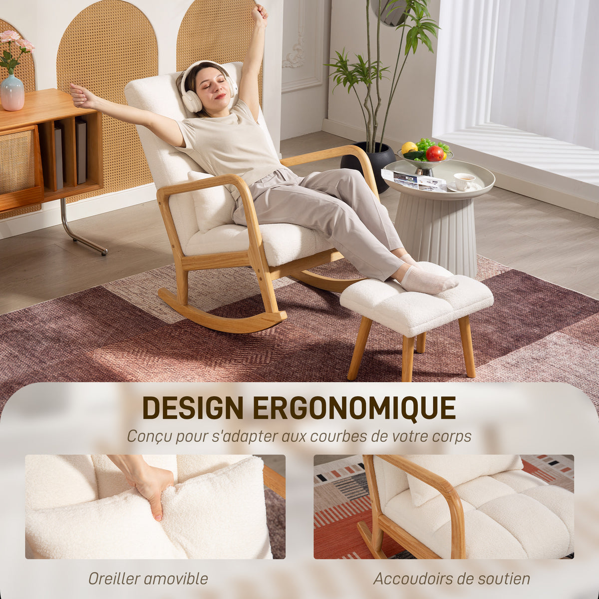Fauteuil à bascule avec repose-pieds, rocking chair en tissu bouclette, pieds en bois, 64,5 x 82 x 89 cm, blanc-5
