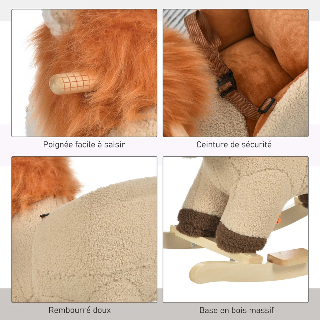 Cheval à Bascule modèle Lion Fonction Musicale Selle Grand Confort Peluche Courte Douce Pour Enfants 18-36 Mois Bois peuplier Marron dim. 68L x 35l x 50H cm-5