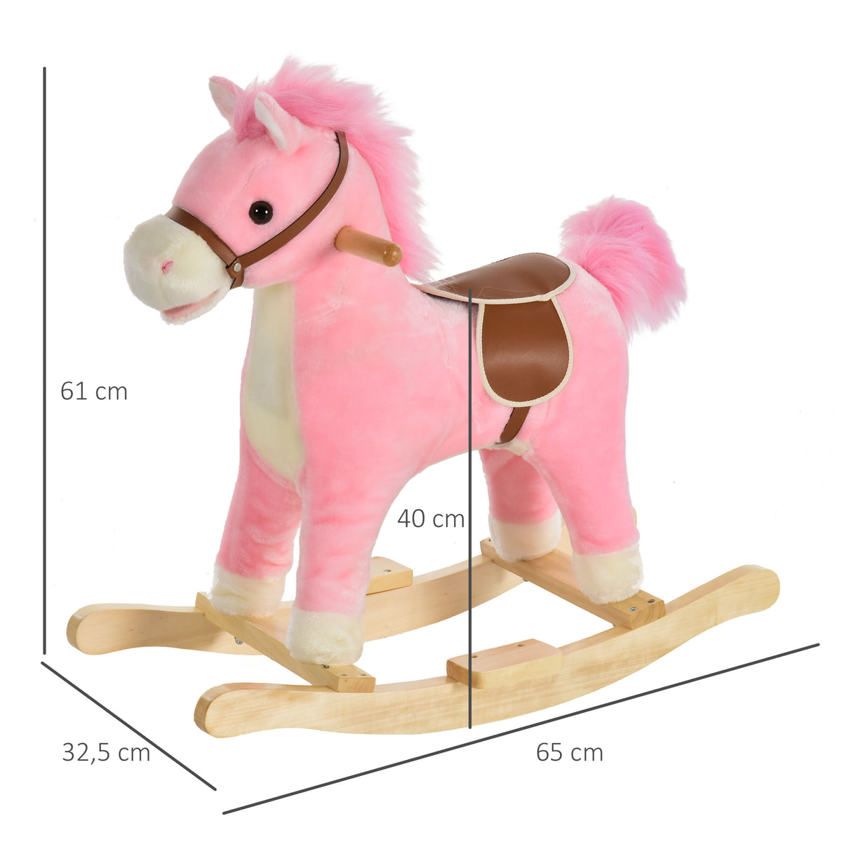 Cheval à Bascule Selle Grand Confort Peluche Courte Douce Bois peuplier Rose dim. 65L x 32,5l x 61H cm-2