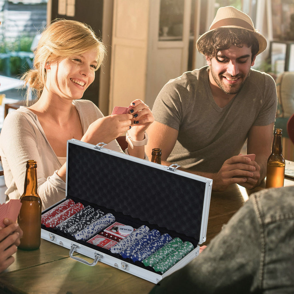 Mallette de Poker Coffret de Poker Complet avec 500 jetons 2 Jeux de Cartes + 5 dés Bouton Dealer 2 clés alu.-1
