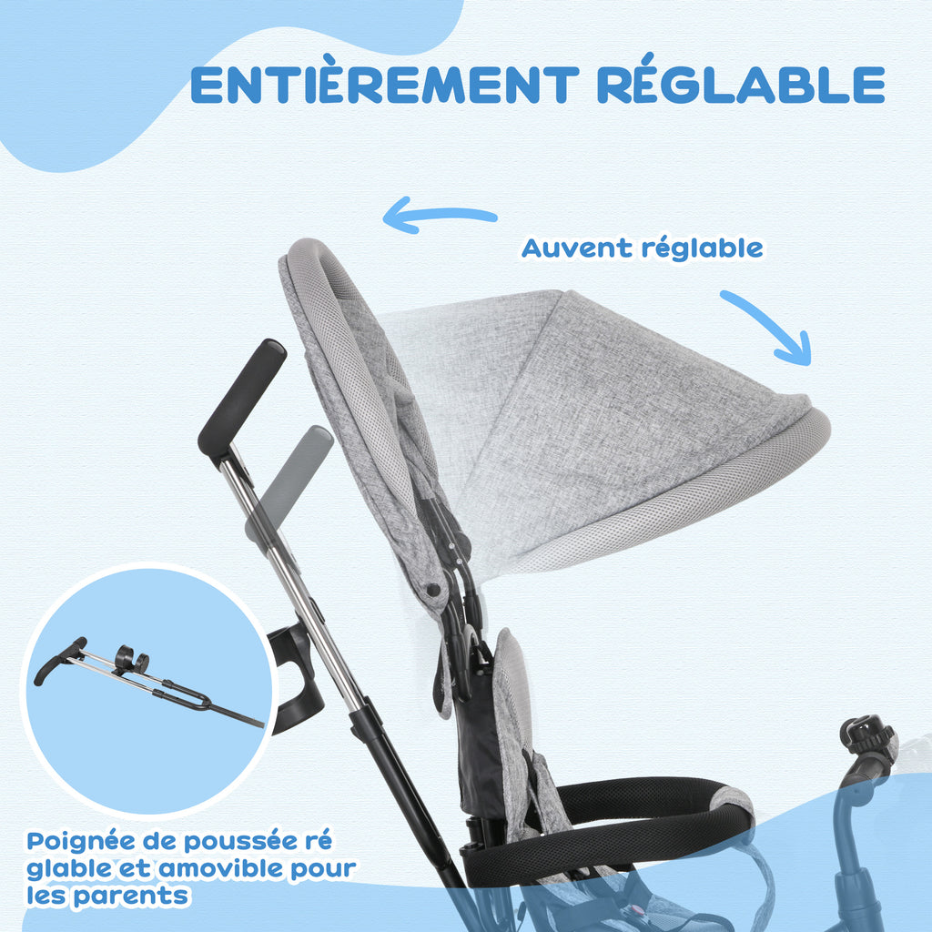 Tricycle Enfant évolutif Pare-Soleil Pliable Canne télescopique Amovible 95 x 50 x 106 cm Acier Gris Noir-5