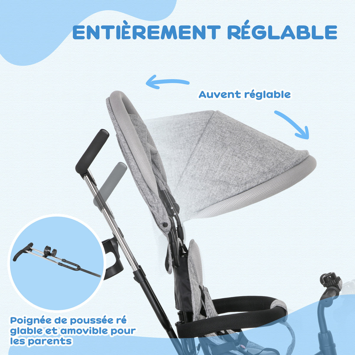 Tricycle Enfant évolutif Pare-Soleil Pliable Canne télescopique Amovible 95 x 50 x 106 cm Acier Gris Noir-5