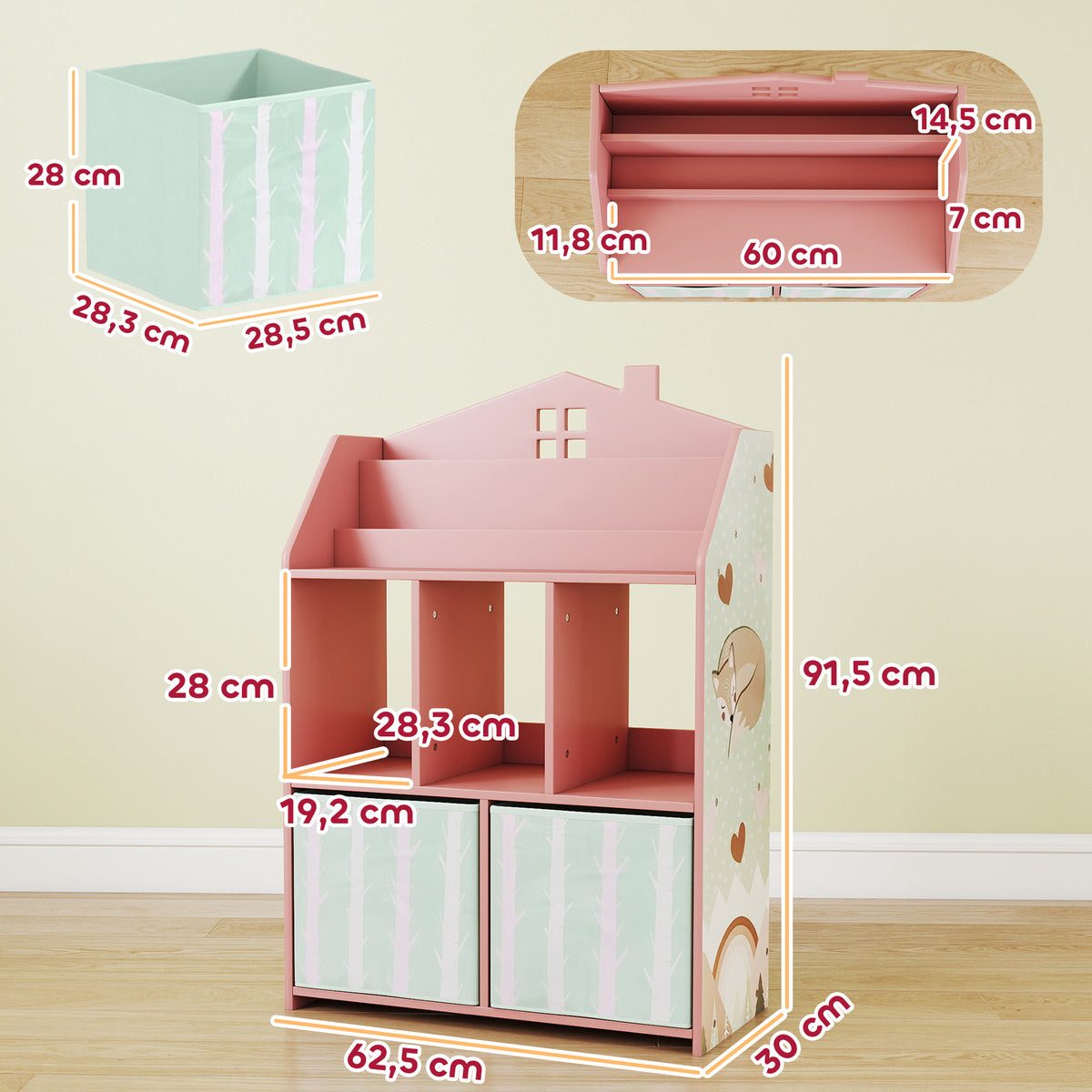 Meuble rangement enfant, bibliothèque enfants avec étagères ouvertes et 2 tiroirs en tissu, MDF, rose-2