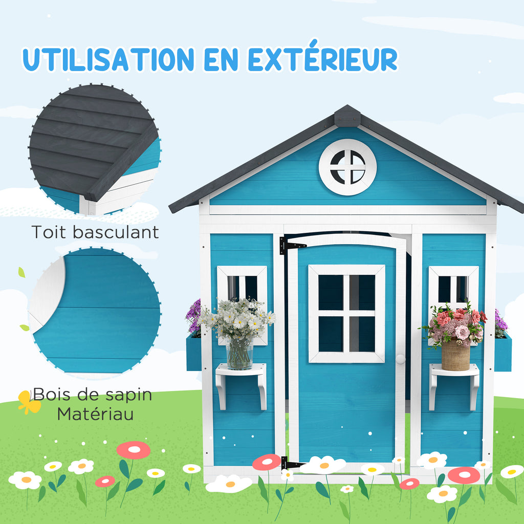 Cabane enfant extérieur maison enfant extérieure avec porte fenêtres et jardinières 114 x 126,4 x 135 cm bleu-4