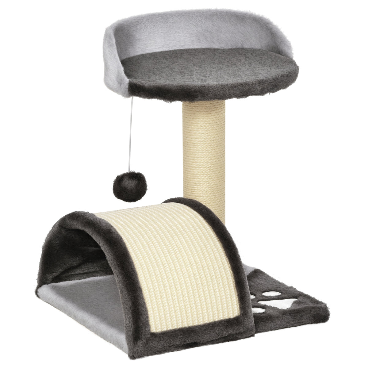 Arbre à chat griffoir grattoir design jeu boule suspendue + plateforme peluche sisal naturel gris foncé-0