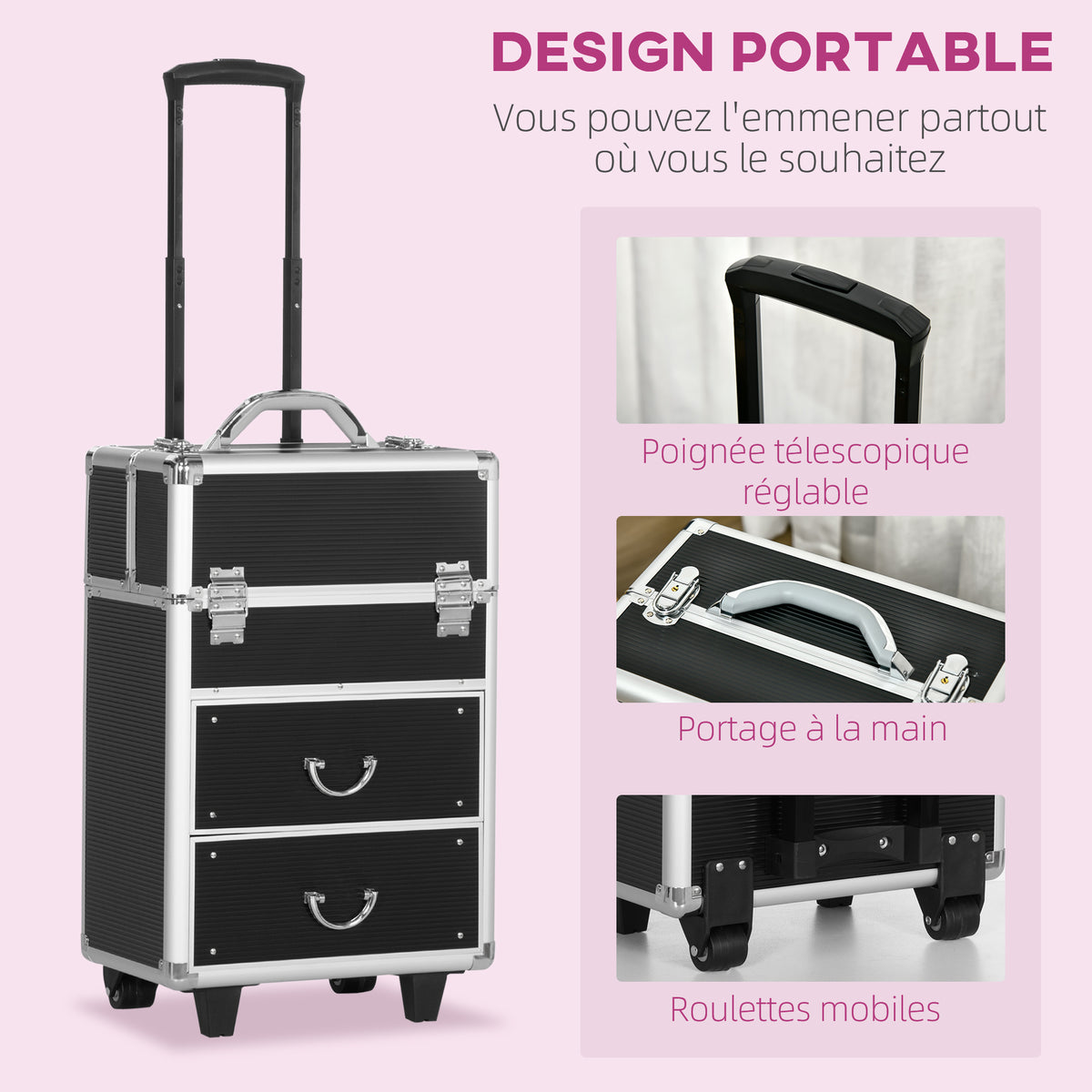 Valise trolley maquillage mallette cosmétique vanity poignée télescopique réglable 36L x 23l x 58H cm alu ABS noir-4