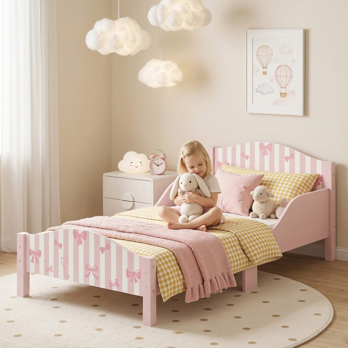 Lit Enfant 70 x 140 cm, Lit pour Enfant avec Barrière de Sécurité et Sommier à Lattes en Bois, Motif Nœud, Rose-8