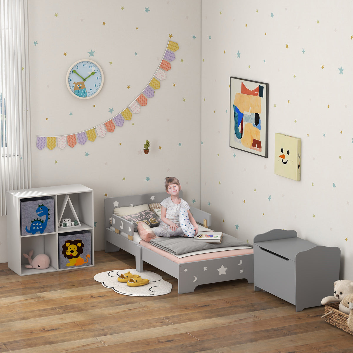Lit pour enfants de 3 à 6 ans design étoiles et lune sommier à lattes inclus chambre moderne 143 x 76 x 49 cm gris-8