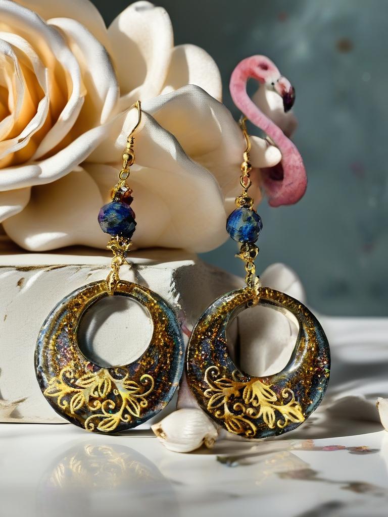 Boucles d'oreilles " jasmine des îles marquises "  en lapis-lazuli & hématite , résiné à la main, bijou artisanal