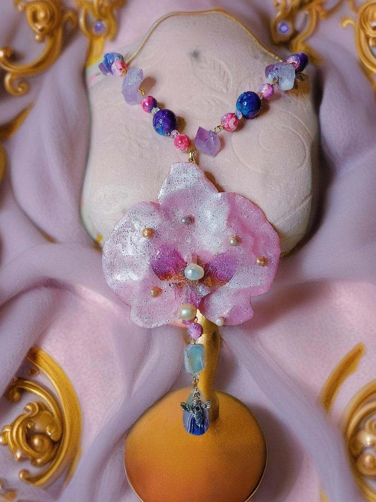Collier orchidée rêves des anges en améthyste naturelle, perles d’eau douce & jaspe – Bijou trésors des anges fleur éternelle