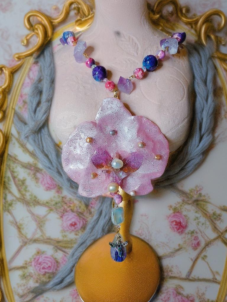 Collier orchidée rêves des anges en améthyste naturelle, perles d’eau douce & jaspe – Bijou trésors des anges fleur éternelle