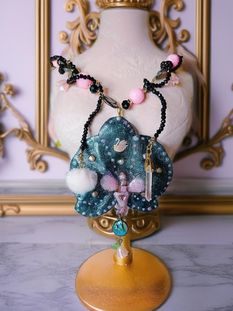 Collier Fleur éternelle Orchidée Véritable |Perles d'eau douce | Bijou Botanique Fleurs Séchées Fait Main | cristal noir