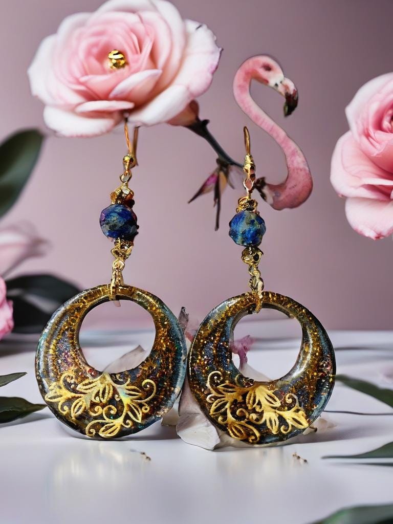 Boucles d'oreilles " jasmine des îles marquises "  en lapis-lazuli & hématite , résiné à la main, bijou artisanal