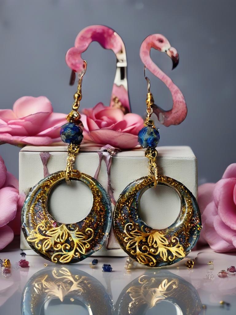 Boucles d'oreilles " jasmine des îles marquises "  en lapis-lazuli & hématite , résiné à la main, bijou artisanal