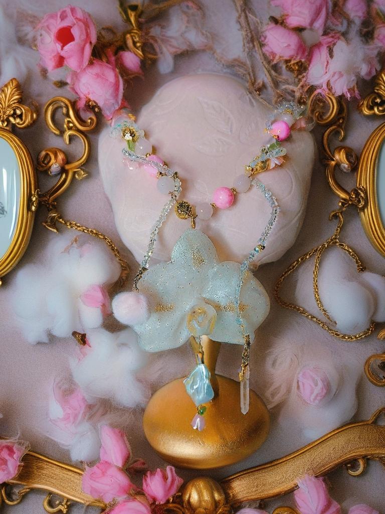 Collier orchidée " sourire d'ange " en quartz rose , perles d’eau douce & cristal , fleur résiné à la main , bijou féerique romantique