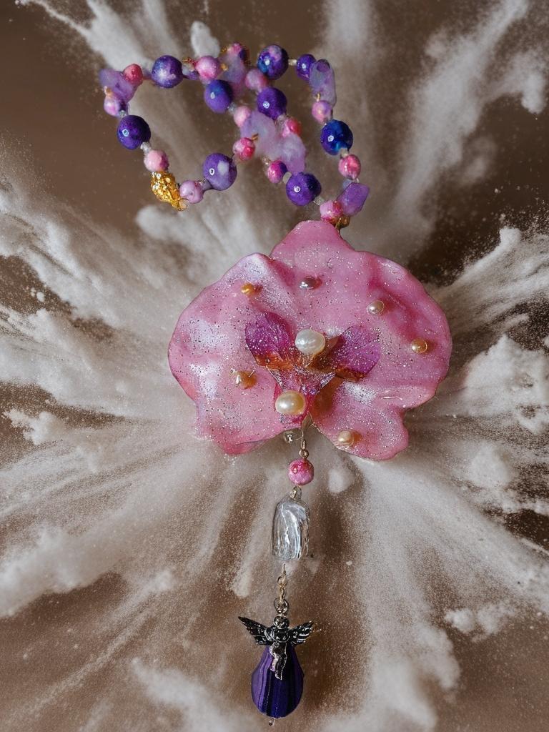 Collier orchidée rêves des anges en améthyste naturelle, perles d’eau douce & jaspe – Bijou trésors des anges fleur éternelle