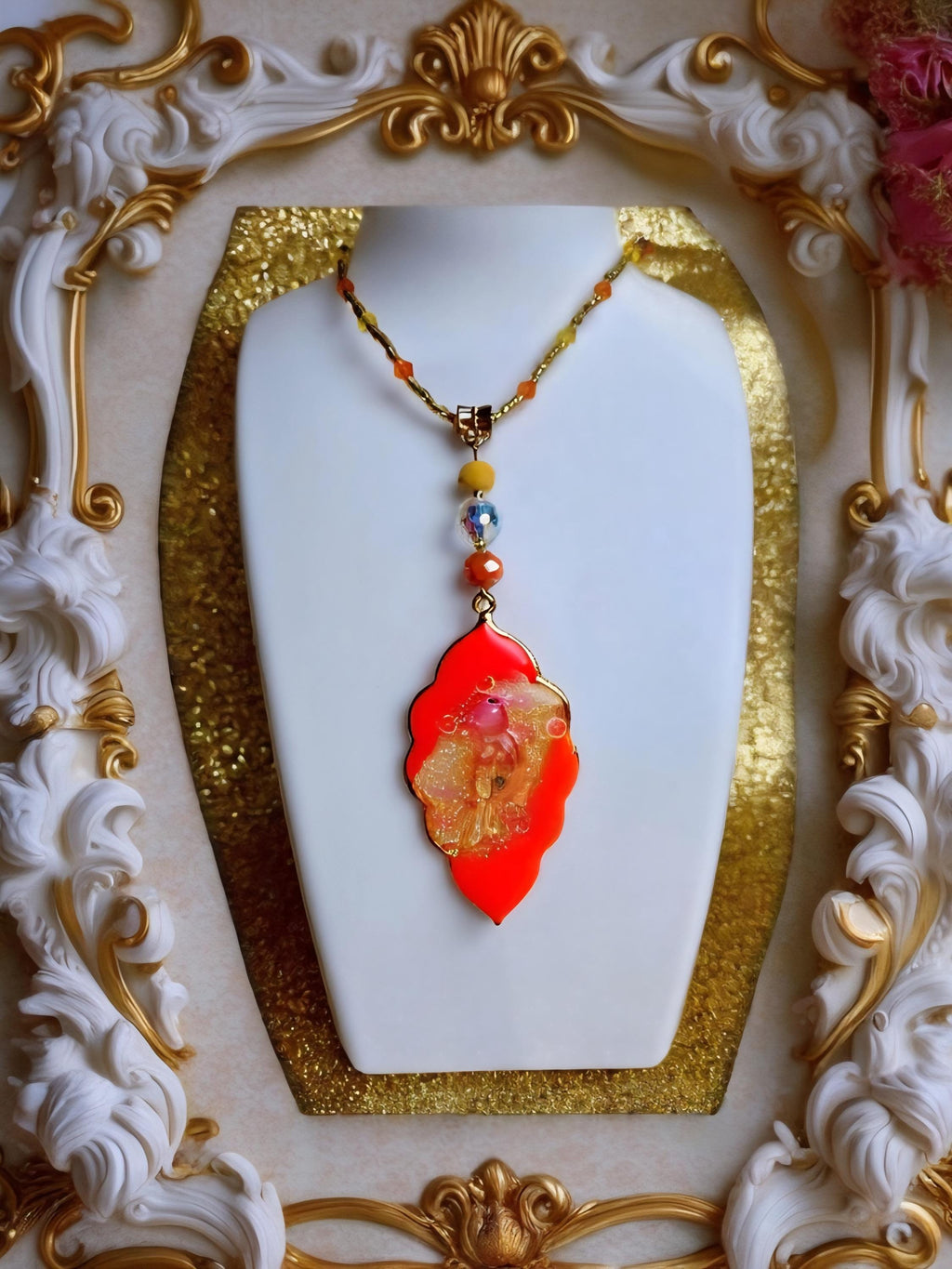 Collier " coco brazil "  perroquet des îles tropicales, résiné à la main , serti de cristaux multicolores , Bijou artisanal