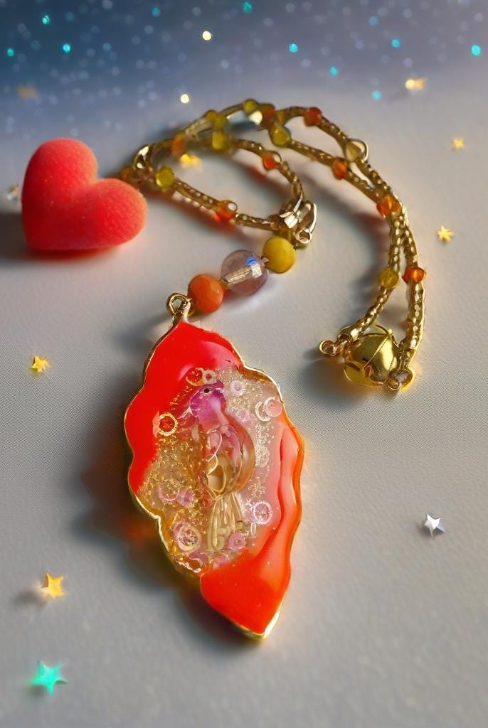 Collier " coco brazil "  perroquet des îles tropicales, résiné à la main , serti de cristaux multicolores , Bijou artisanal