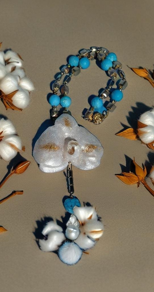 Collier orchidée des tropiques en perles d’eau douce naturelle , turquoise et hématite – bijou exotique fait main – Cadeau femme unique