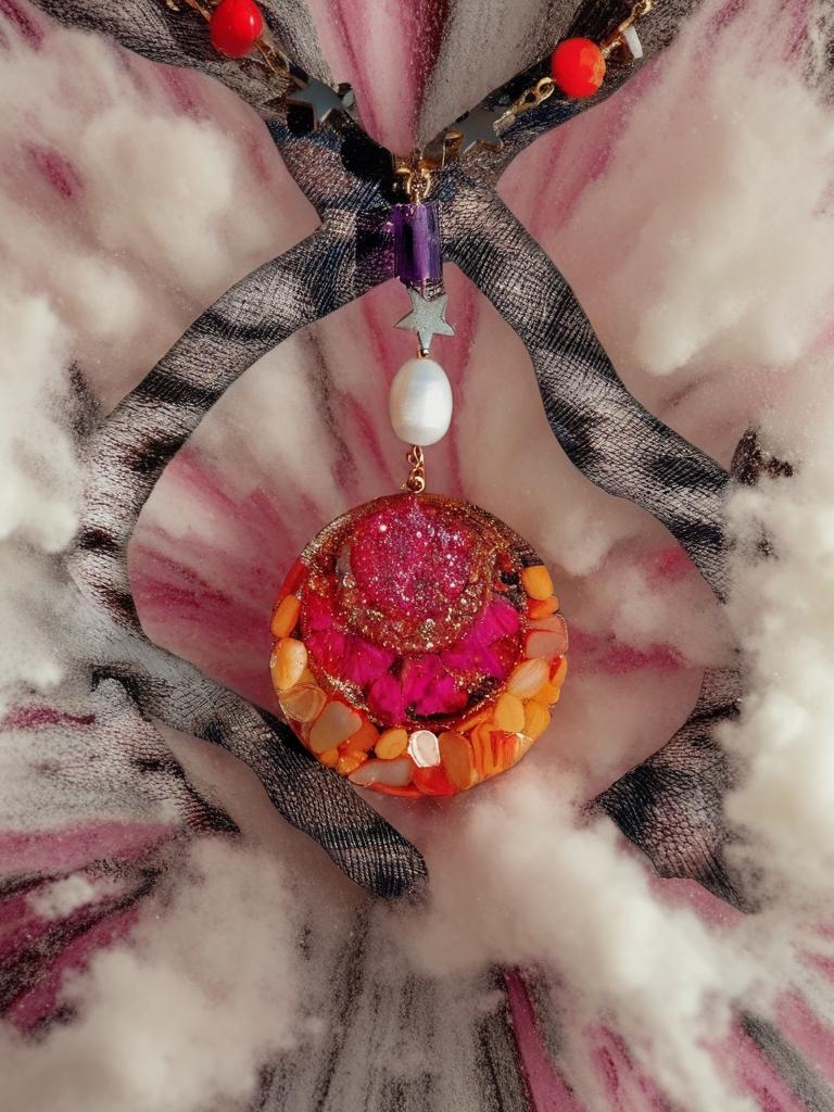 Collier safari en Afrique , pendentif résiné à la main , chaîne en cristal coloré , perles d’eau douce naturelle et hématite