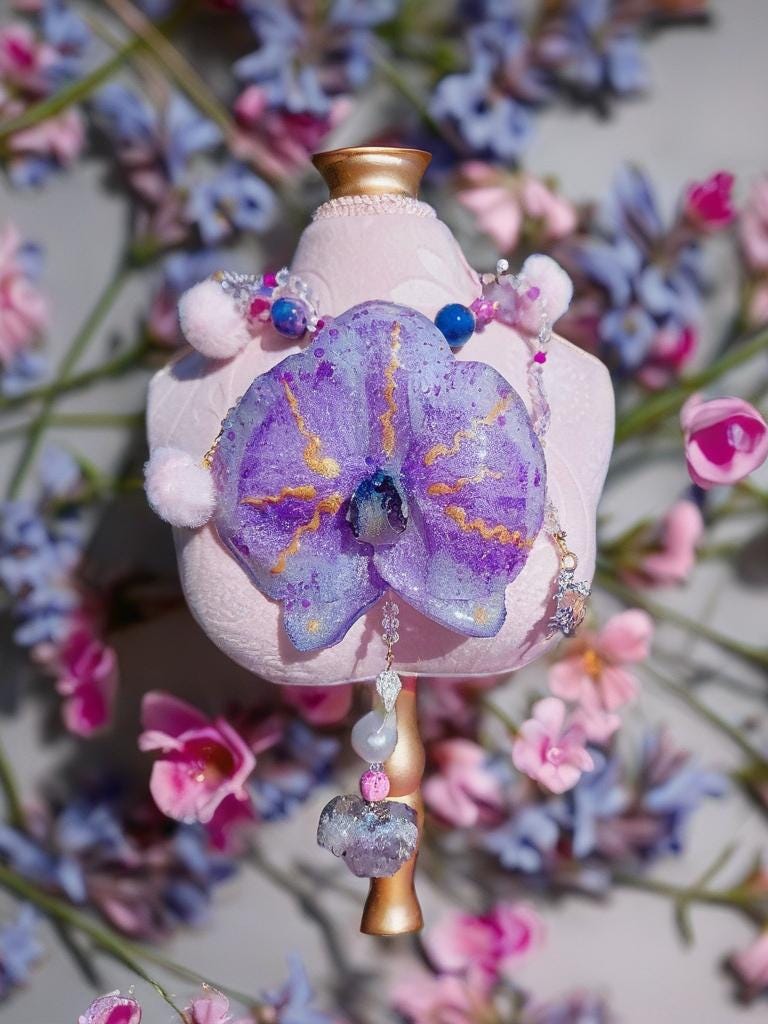 Collier Orchidée des anges en perles d’eau douce , améthyste & jaspe , serti d'un cœur en améthyste , bijou fleur exotique résiné à la main