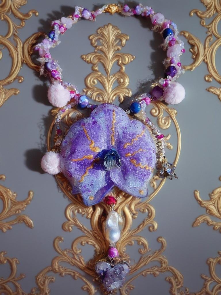 Collier Orchidée des anges en perles d’eau douce , améthyste & jaspe , serti d'un cœur en améthyste , bijou fleur exotique résiné à la main