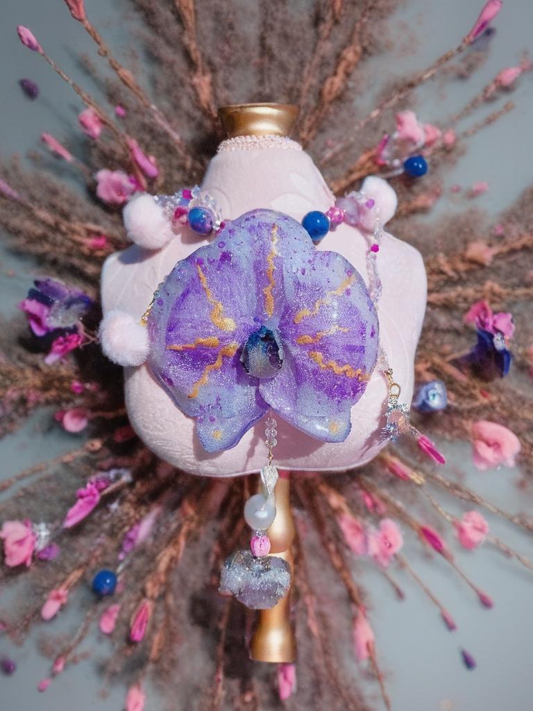 Collier Orchidée des anges en perles d’eau douce , améthyste & jaspe , serti d'un cœur en améthyste , bijou fleur exotique résiné à la main