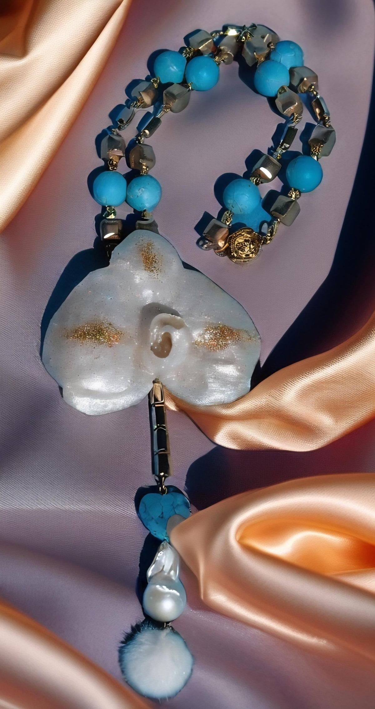 Collier orchidée des tropiques en perles d’eau douce naturelle , turquoise et hématite – bijou exotique fait main – Cadeau femme unique