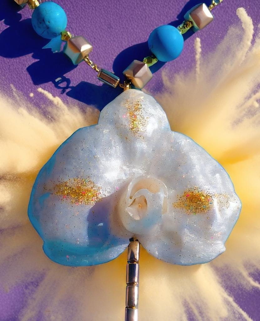 Collier orchidée des tropiques en perles d’eau douce naturelle , turquoise et hématite – bijou exotique fait main – Cadeau femme unique