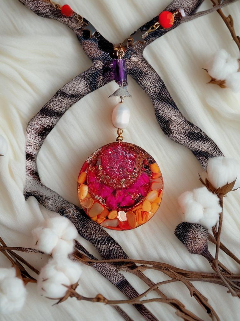 Collier safari en Afrique , pendentif résiné à la main , chaîne en cristal coloré , perles d’eau douce naturelle et hématite