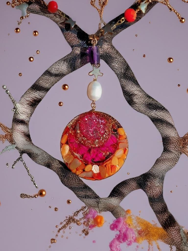 Collier safari en Afrique , pendentif résiné à la main , chaîne en cristal coloré , perles d’eau douce naturelle et hématite
