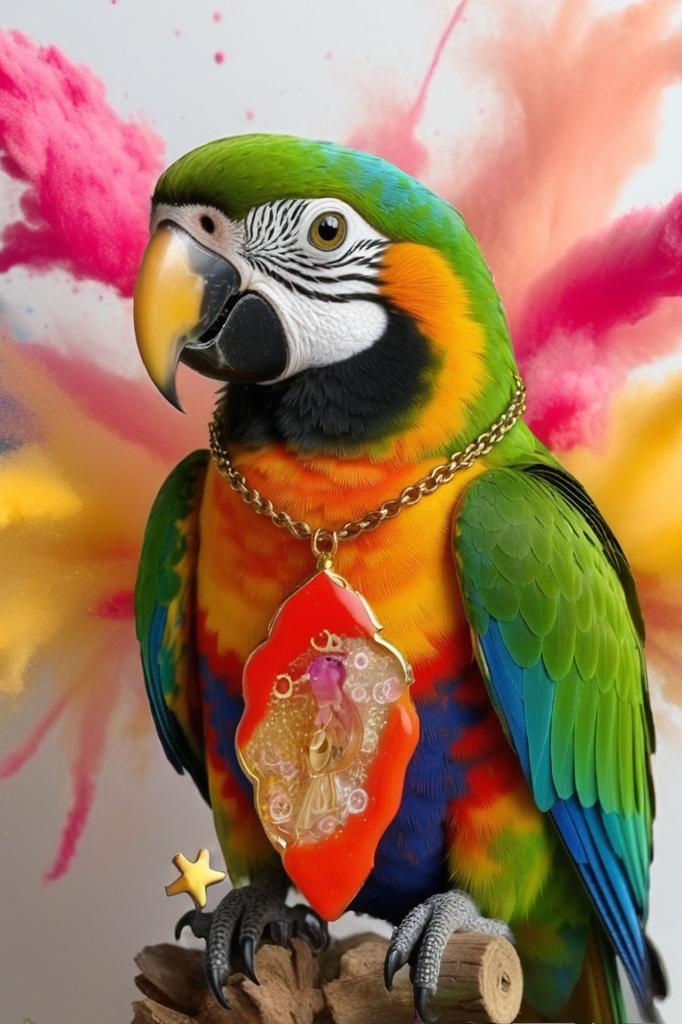 Collier " coco brazil "  perroquet des îles tropicales, résiné à la main , serti de cristaux multicolores , Bijou artisanal