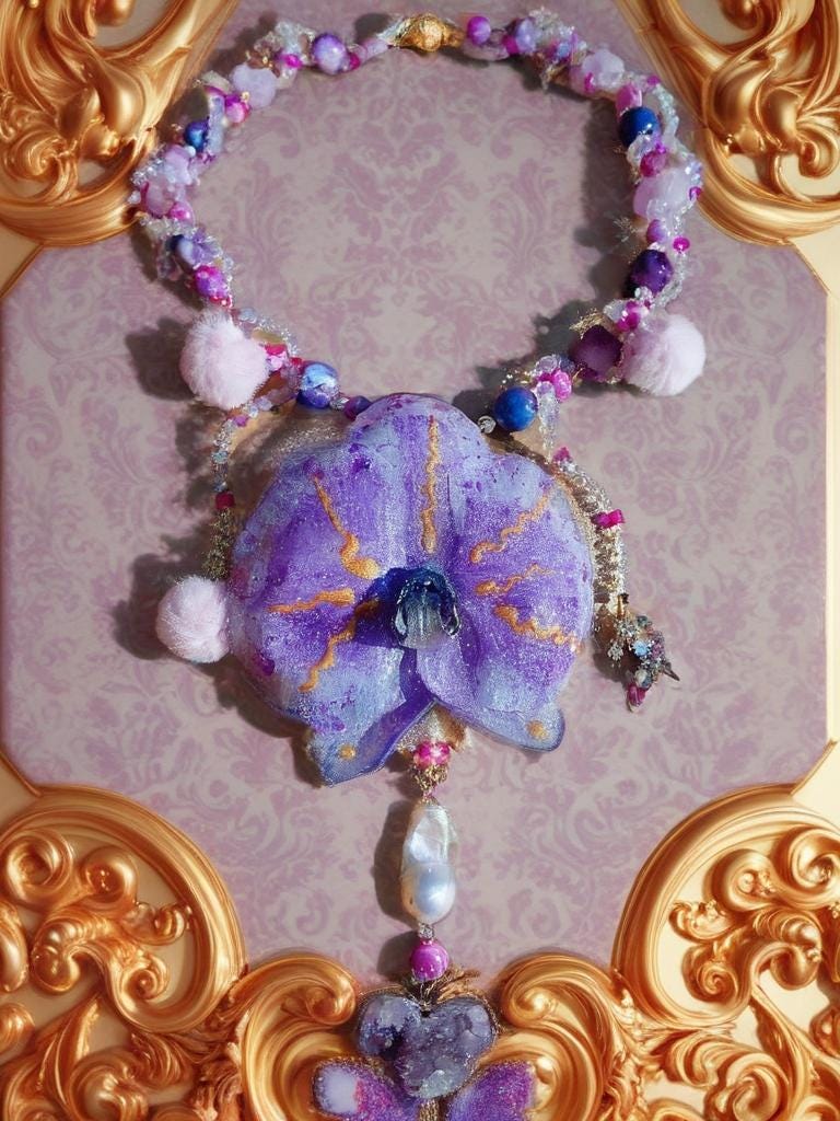 Collier Orchidée des anges en perles d’eau douce , améthyste & jaspe , serti d'un cœur en améthyste , bijou fleur exotique résiné à la main