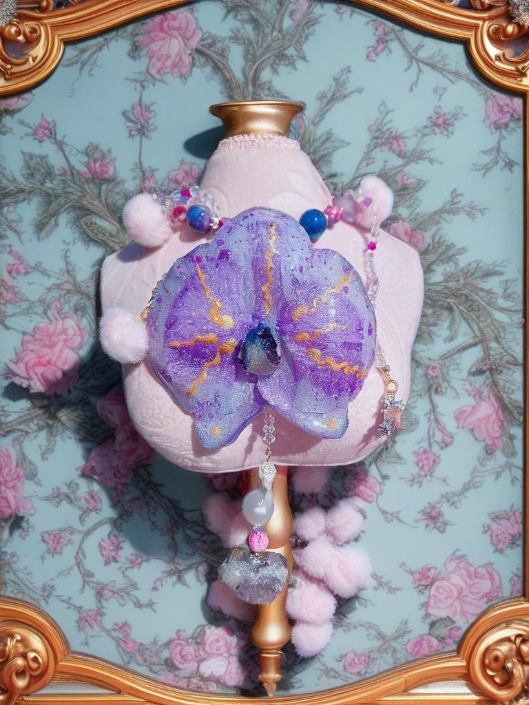 Collier Orchidée des anges en perles d’eau douce , améthyste & jaspe , serti d'un cœur en améthyste , bijou fleur exotique résiné à la main