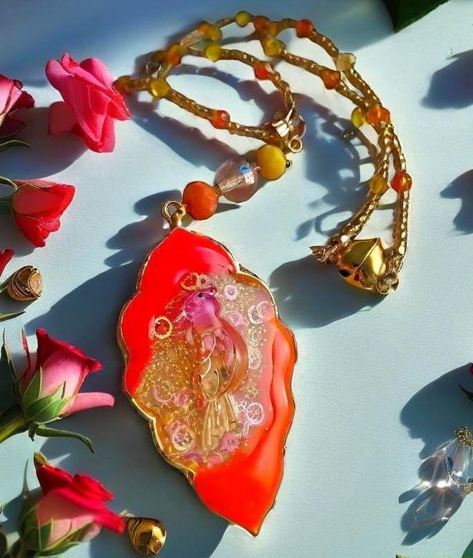 Collier " coco brazil "  perroquet des îles tropicales, résiné à la main , serti de cristaux multicolores , Bijou artisanal