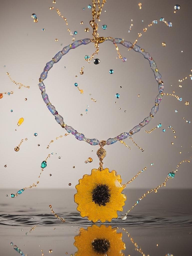 Collier tournesol doré " soleil d'été " avec perles de cristal, Fait main , le Bijou Soleil des Femmes lumineuses