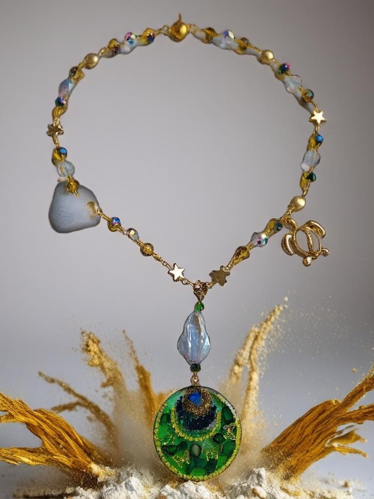 Collier " papillon des tropiques " pendentif  papillons or résiné à la main , chaîne perles d’eau douce, cristal & hématite, bijou tropical