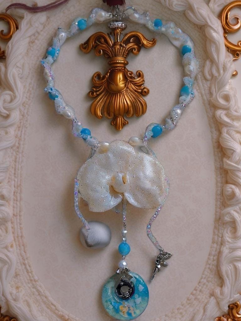 Collier Orchidée des anges résinée - Perles d’Eau Douce, Angelite , cristal- bijou féerique- fait main