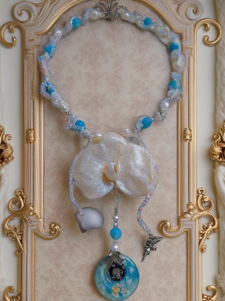 Collier Orchidée des anges résinée - Perles d’Eau Douce, Angelite , cristal- bijou féerique- fait main