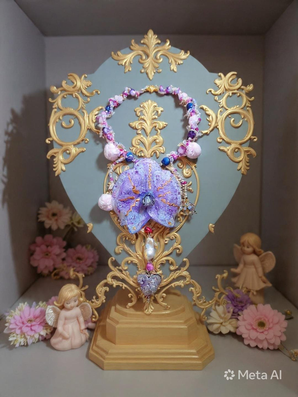 Collier Orchidée des anges en perles d’eau douce , améthyste & jaspe , serti d'un cœur en améthyste , bijou fleur exotique résiné à la main